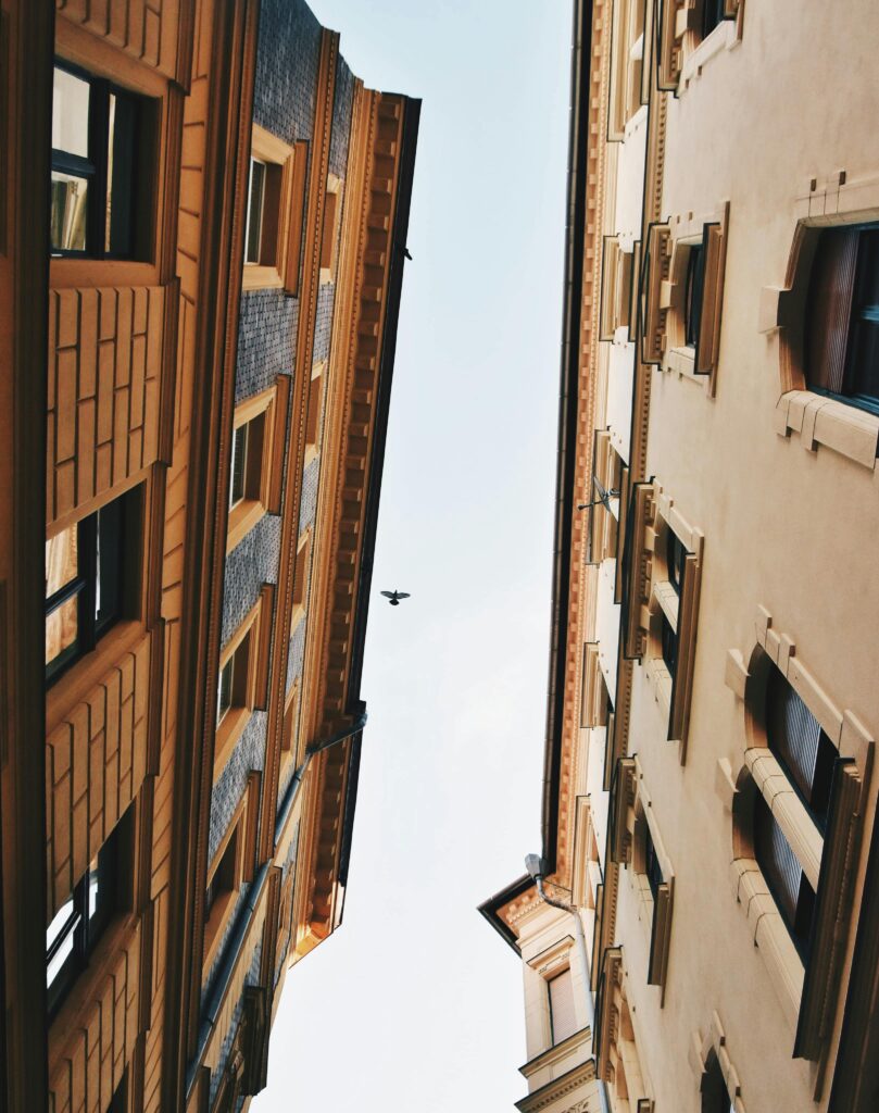 Low angle view of urban architecture with a sky backdrop and a bird in flight.